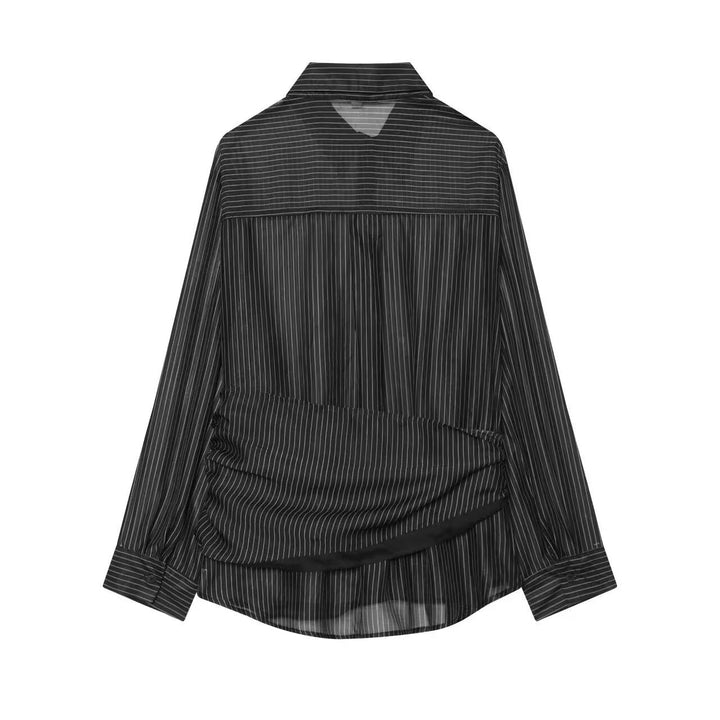 Women's blouse in silk look with pinstripes and side knot detail