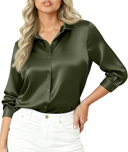 Women Elegant Satin Blouse with Long Sleeves Mune Fashion