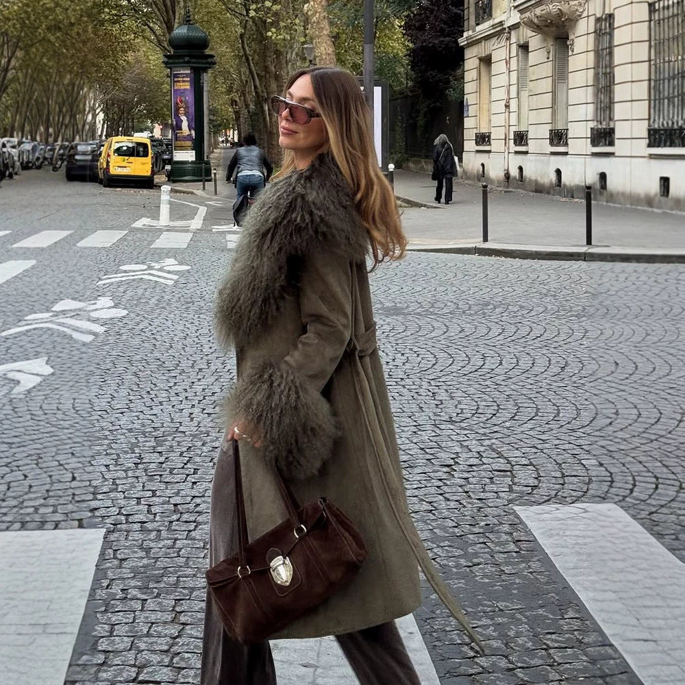 Women's Midi Length Tied Coat in Suede Look with Oversized Fur Collar and Voluminous Fur Cuffs Mune Fashion