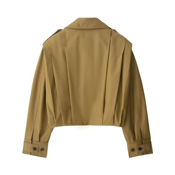 Women's Short Oversized Trench Coat in Cropped Cut with Epaulettes and Pleated Sleeves Mune Fashion