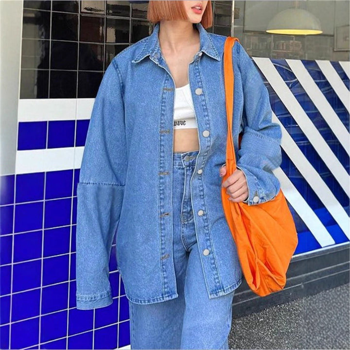 Women Oversized Denim Shirt Jacket with Extended Cut and Boxy Fit Mune Fashion