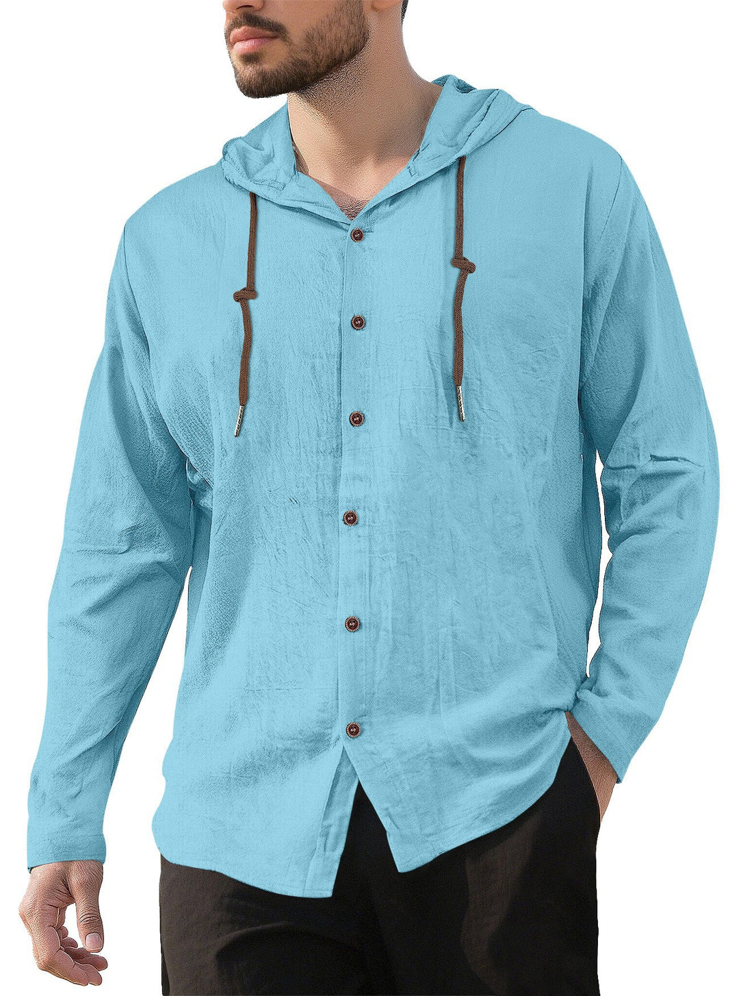 Men's hooded shirt in linen look with button placket and drawstring Mune Fashion