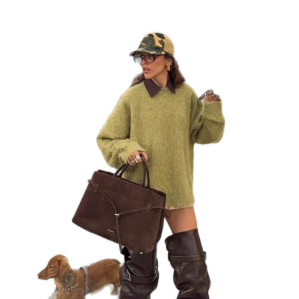 Women's Oversize Mohair Sweater Dress with High-Pile Knit and Casual Tunic Silhouette Mune Fashion
