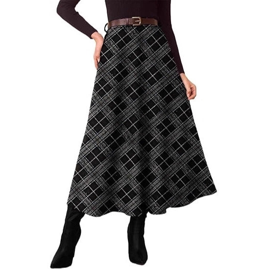 Women's Checked Midi Skirt in A-Line with High Waist and Side Pockets Drune