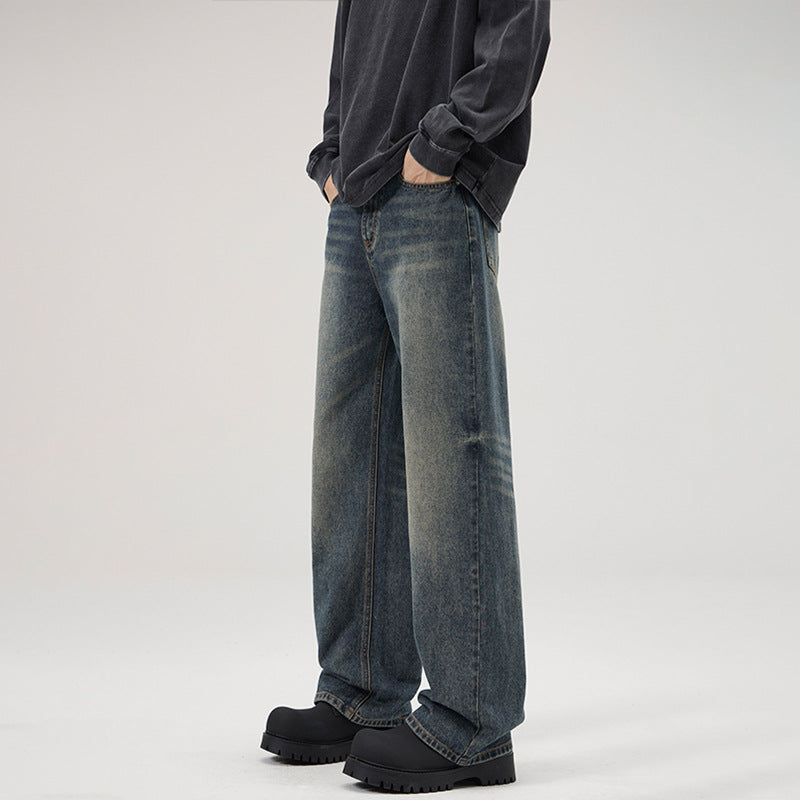 Men's Wide Stonewashed Denim Jeans with Straight Ultra Wide Leg Mune Fashion