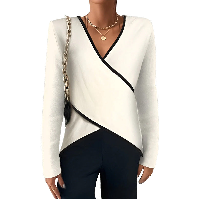 Women's wrap top with V-neckline, contrast piping, and asymmetric hem Mune Fashion