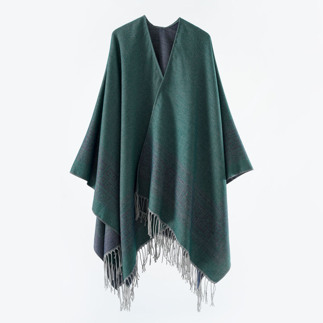 Women's Reversible Wool Blend Kimono Style Wrap with Ornamental Border and Decorative Fringes