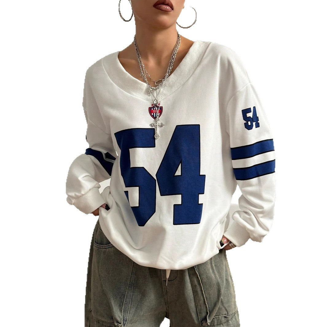 Women's Loose College Sweatshirt in Off-Shoulder Look with Large Number Print Mune Fashion