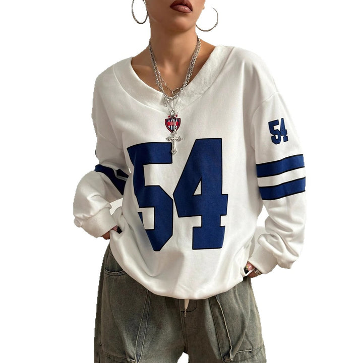 Women's Loose College Sweatshirt in Off-Shoulder Look with Large Number Print Mune Fashion