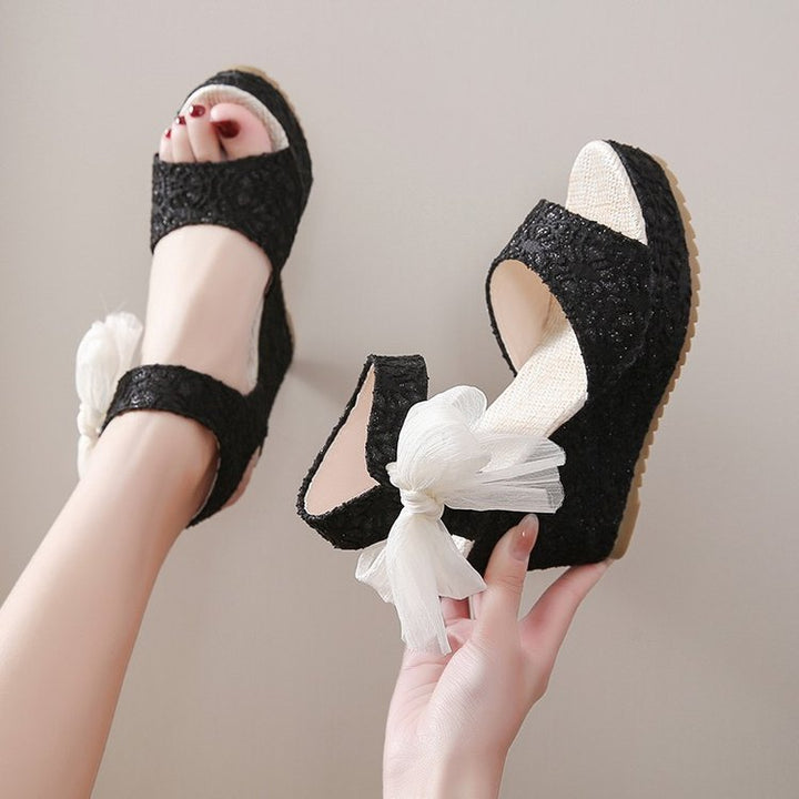 Women nan romantic wedge sandal with lace look and organza bow Mune Fashion