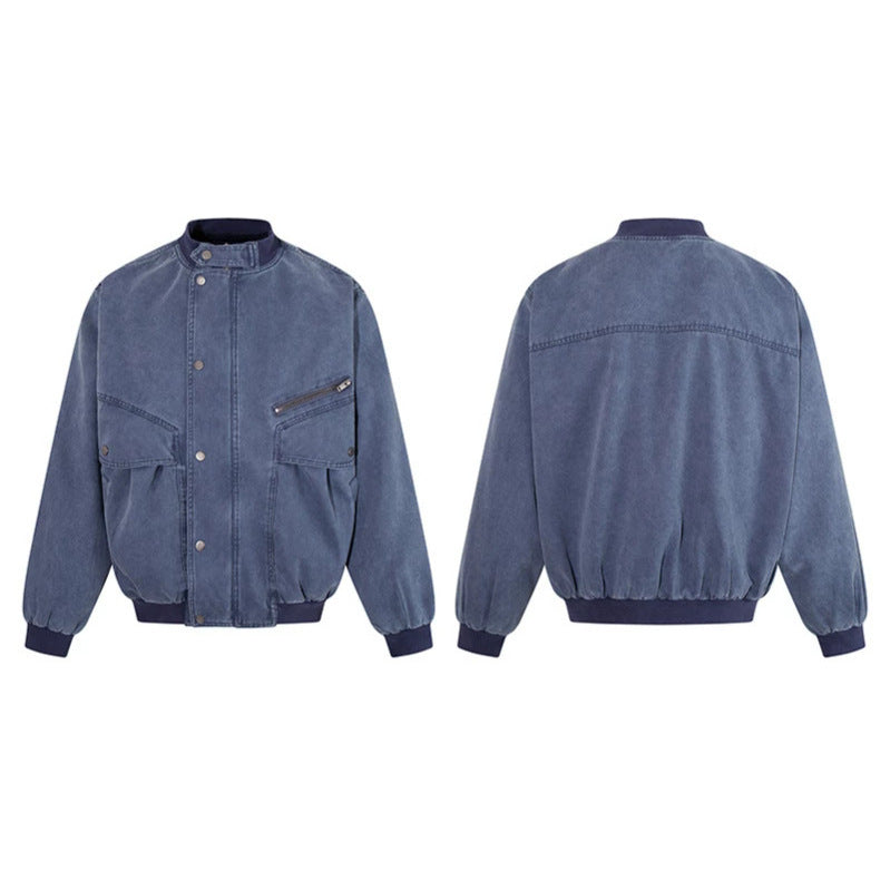 Men's Oversize Bomber Jacket in Vintage Wash with Stand Collar and Utility Pockets Mune Fashion