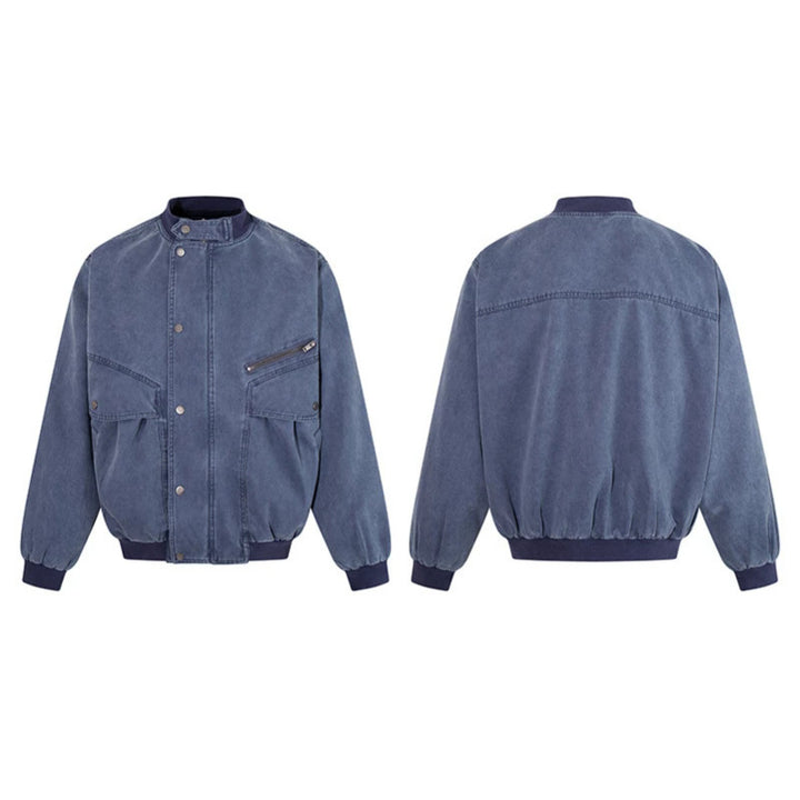 Men's Oversize Bomber Jacket in Vintage Wash with Stand Collar and Utility Pockets Mune Fashion
