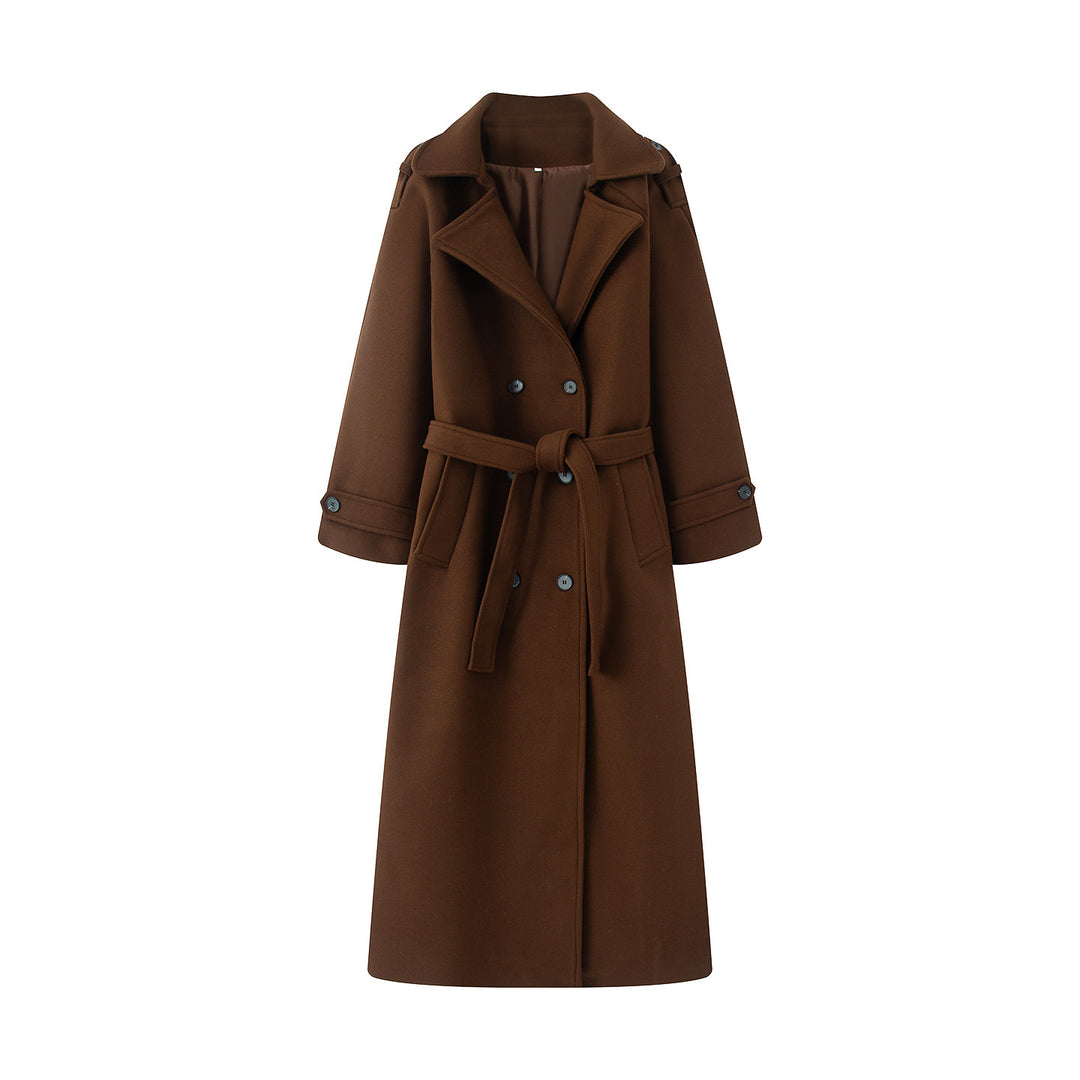 Women's longer wool blend trench coat with shawl collar, waist belt, and double-breasted button placket Mune Fashion