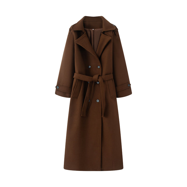 Women's longer wool blend trench coat with shawl collar, waist belt, and double-breasted button placket Mune Fashion
