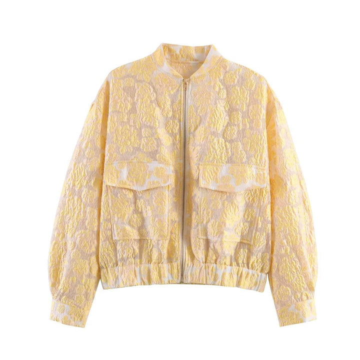 Women's quilted bomber jacket with floral jacquard, zipper and flap pockets Mune Fashion