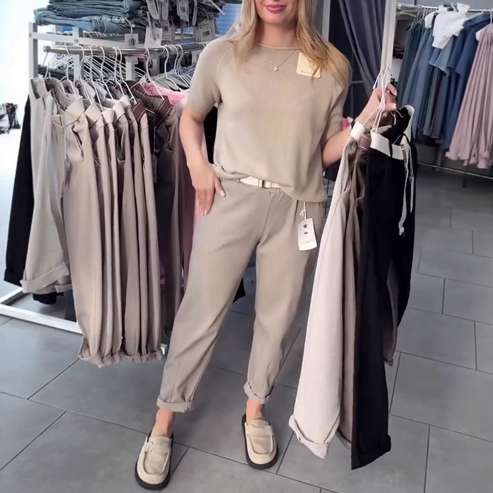 Women's casual cotton chinos with elastic comfort waistband, cuffs, and decorative belt Mune Fashion