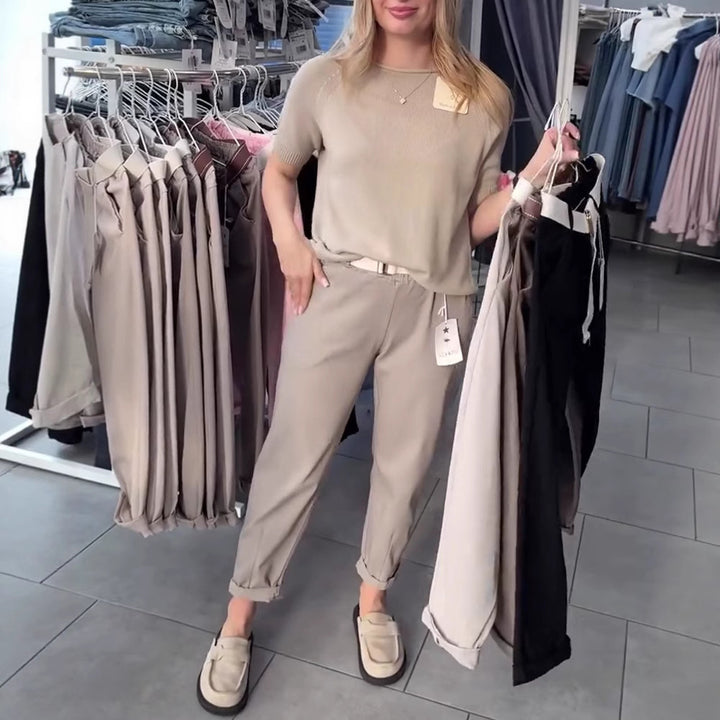Women's casual cotton chinos with elastic comfort waistband, cuffs, and decorative belt Mune Fashion