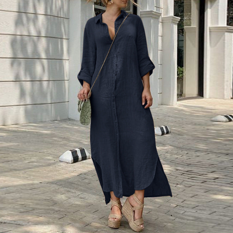 Women's button-up shirt dress with a continuous button placket, side slits, and 3/4 sleeves Mune Fashion