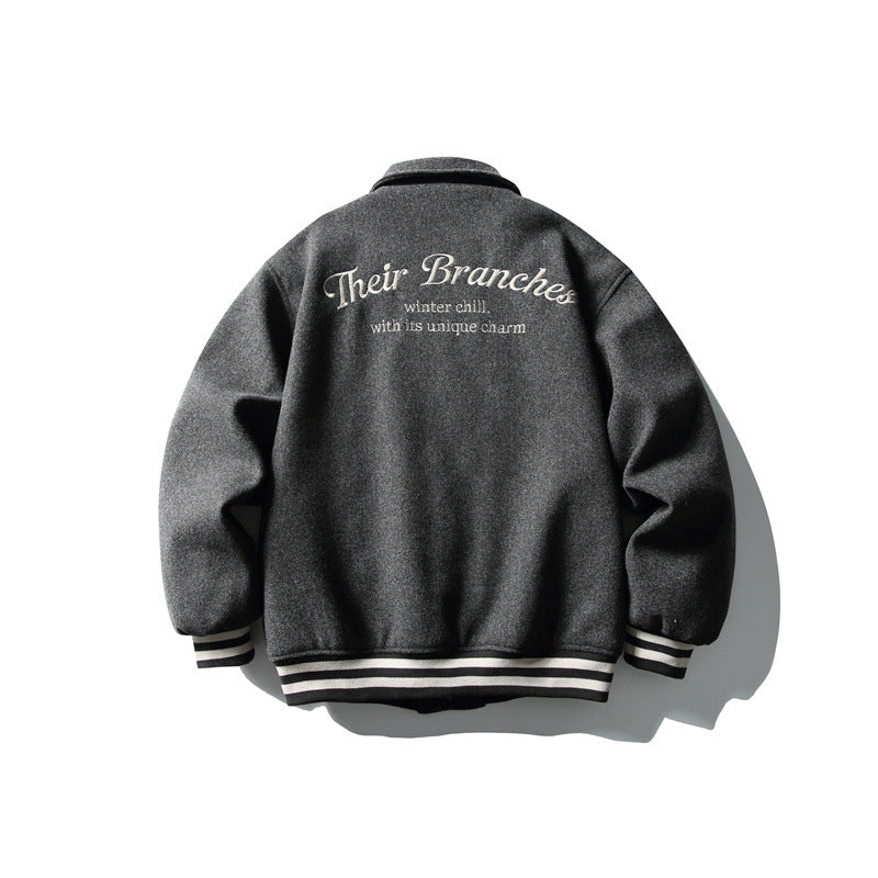 Men's Boxy College Blouson Jacket made of wool blend with snap button closure and striped ribbed cuffs Mune Fashion