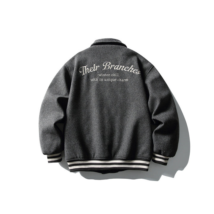 Men's Boxy College Blouson Jacket made of wool blend with snap button closure and striped ribbed cuffs Mune Fashion