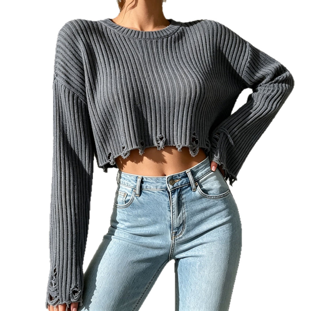 Women Short Cut Ribbed Knit Sweater with Frayed Hem Mune Fashion