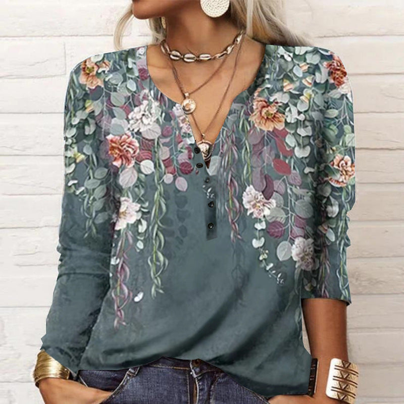 Women Loose Long Sleeve Henley Shirt with V-Neck, Button Placket and Ombre Print Mune Fashion