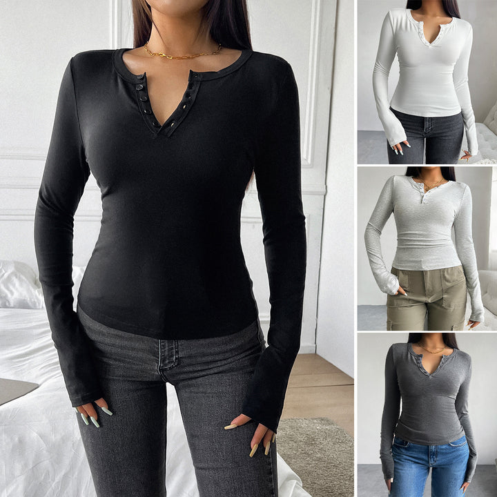Women's tailored Henley long sleeve with stretch jersey and thumb hole Mune Fashion