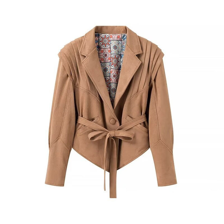 Women's fitted velvet look blazer jacket with tie belt, emphasized shoulder and patterned lining Mune Fashion