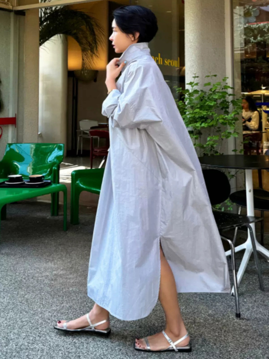 Women Flowing Oversized Shirt Dress with Kent Collar, Kimono Sleeves and Side Slits Mune Fashion