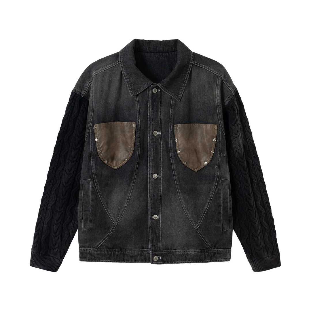Men's denim jacket with applied leather chest pockets and cable knit sleeves Mune Fashion