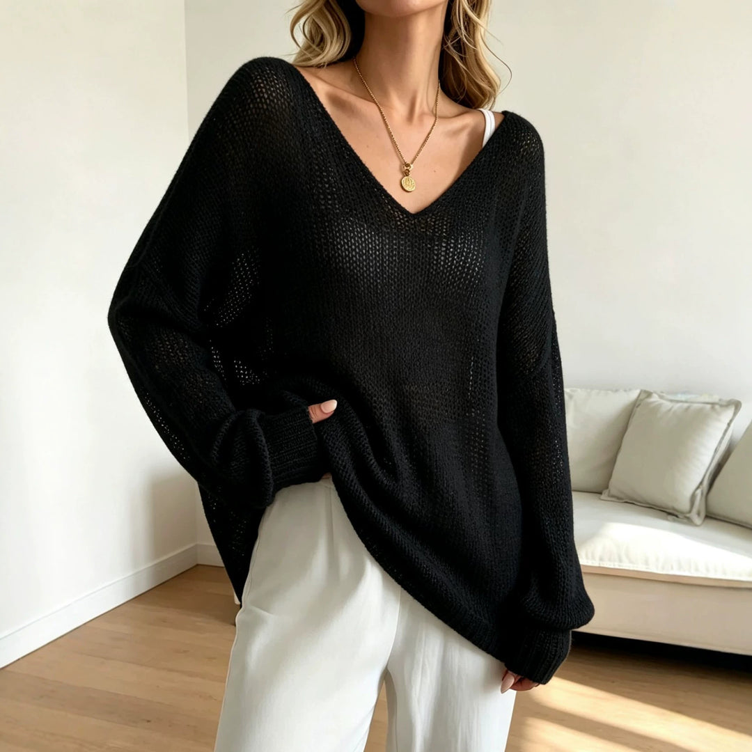 Women's Oversized Knit Sweater with Deep V-Neck and Fine Open Knit Structure Mune Fashion