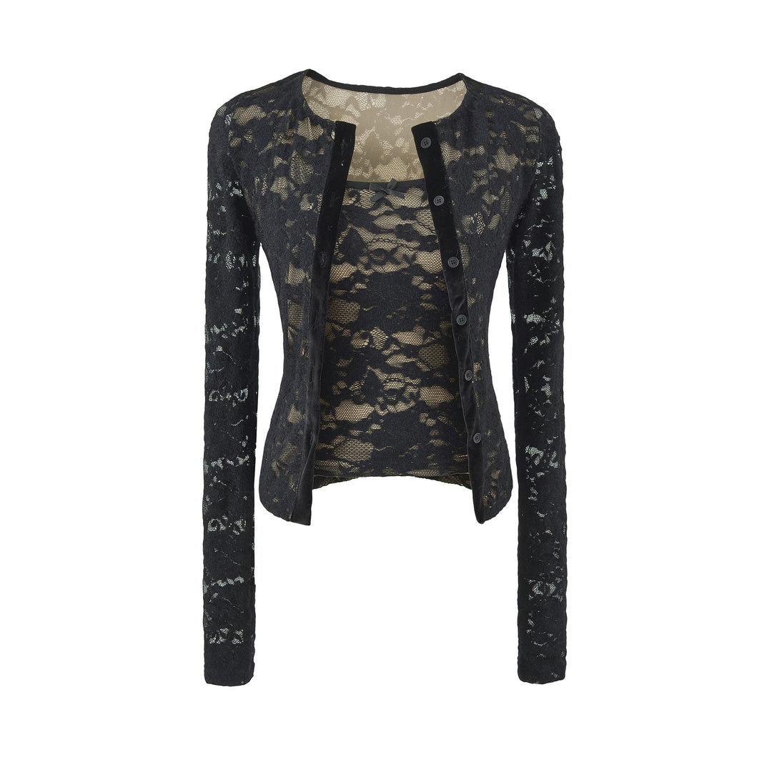 Ladies Fine Lace Cardigan with Matching Under Top and Velvet Trim Mune Fashion