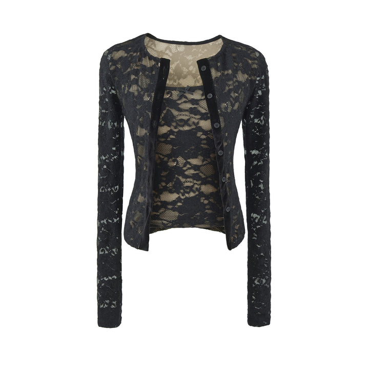 Ladies Fine Lace Cardigan with Matching Under Top and Velvet Trim Mune Fashion