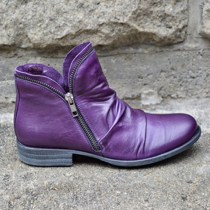 Women's Slouch Ankle Boots made of leather with side zipper and low block heel Mune Fashion
