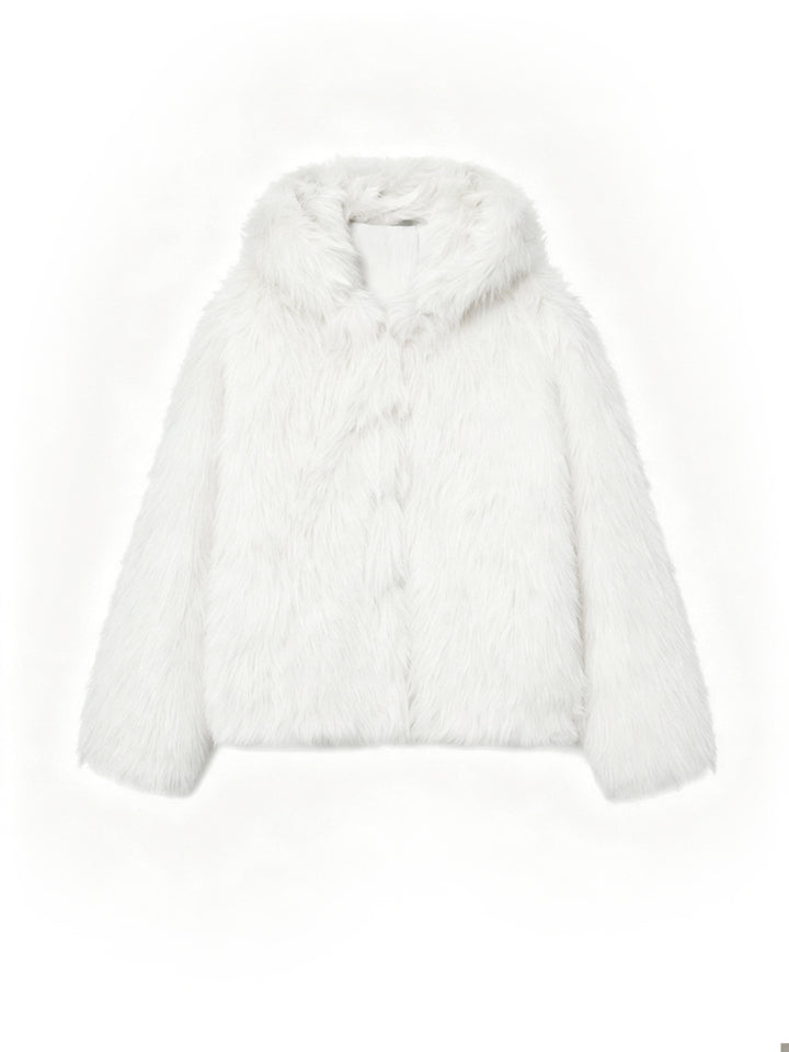 Women's Cropped Faux Fur Jacket with Hood, Dense Long Pile and Boxy Silhouette Mune Fashion