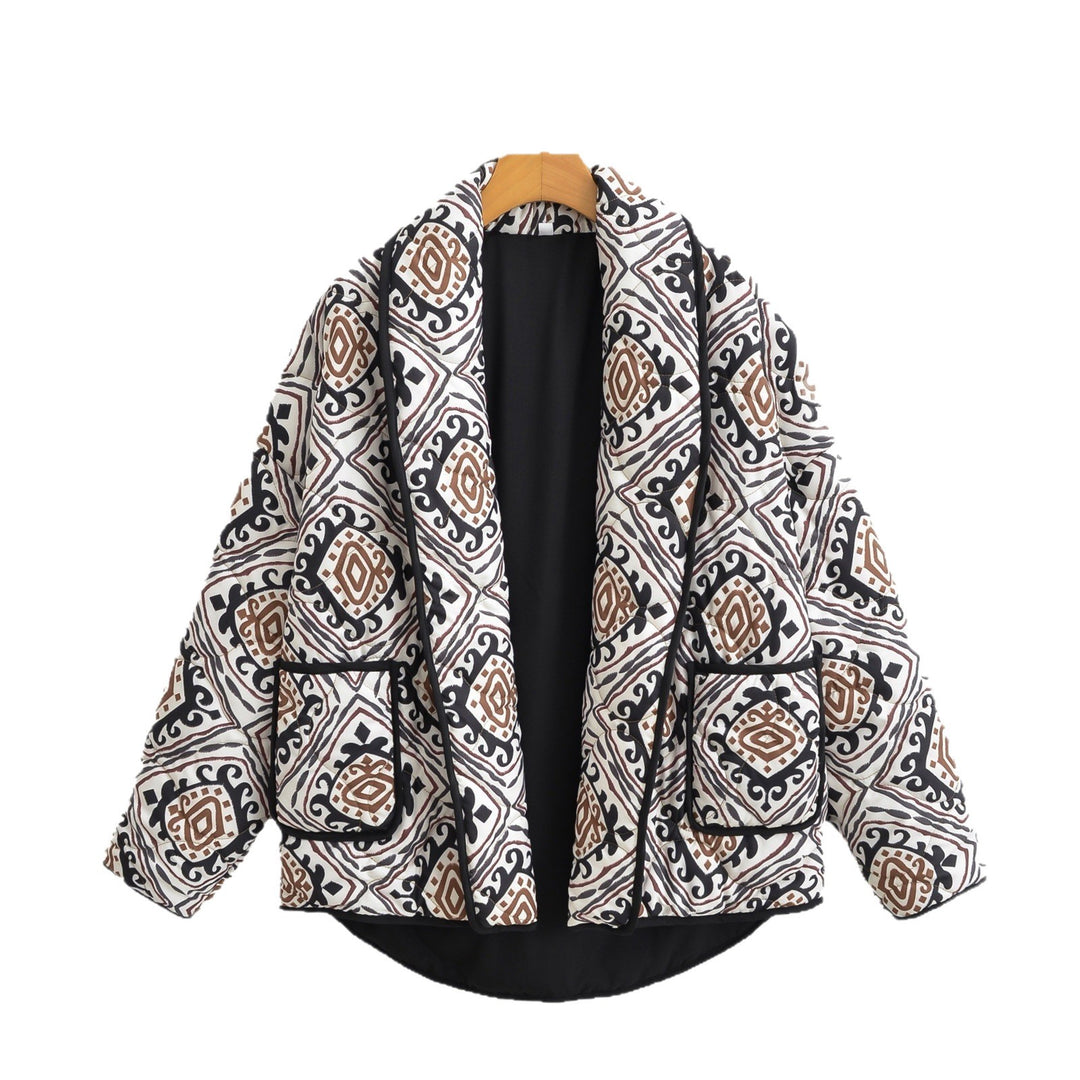 Women's Quilted Kimono Jacket with Ethno Print, Contrast Piping and Patch Pockets Mune Fashion