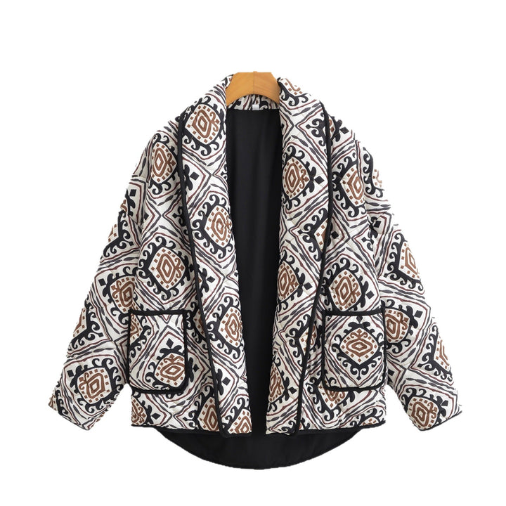 Women's Quilted Kimono Jacket with Ethno Print, Contrast Piping and Patch Pockets Mune Fashion