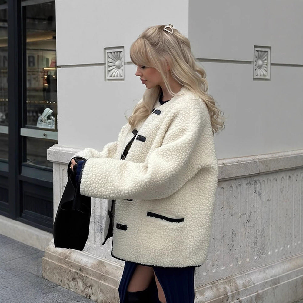 Women Boxy Teddy-Fleece Jacket with Toggle Fastenings and Contrast Edges Mune Fashion