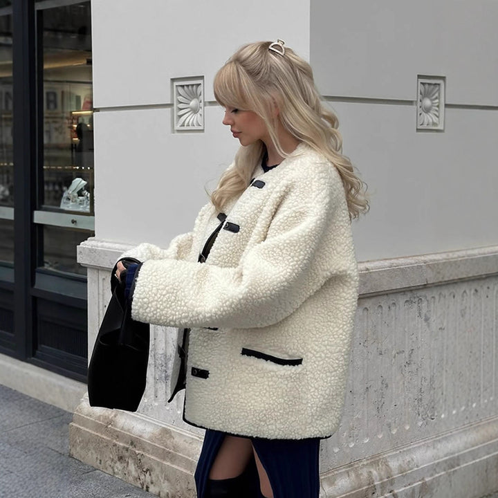 Women Boxy Teddy-Fleece Jacket with Toggle Fastenings and Contrast Edges Mune Fashion
