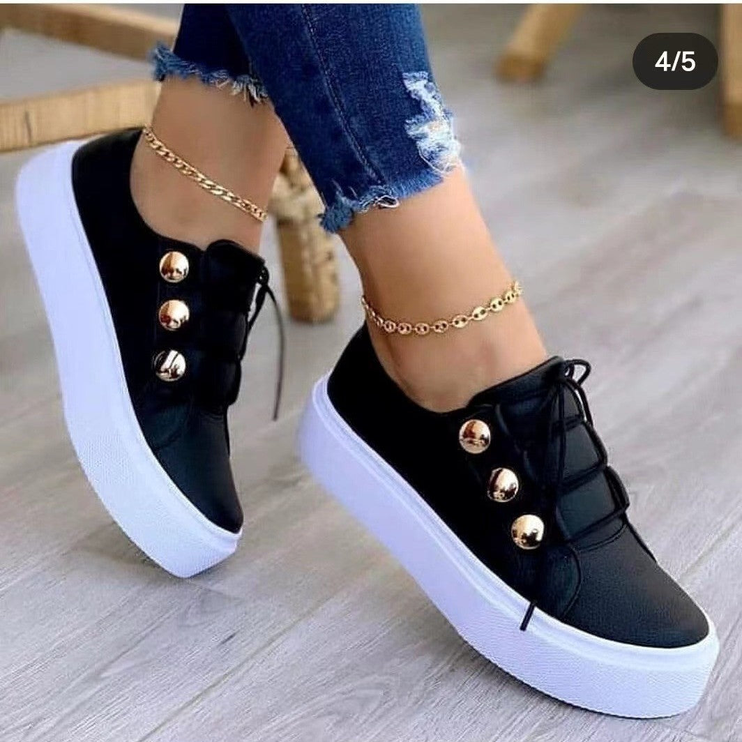 Women's Platform Sneakers with Decorative Metal Buttons and Thick Comfort Sole Mune Fashion