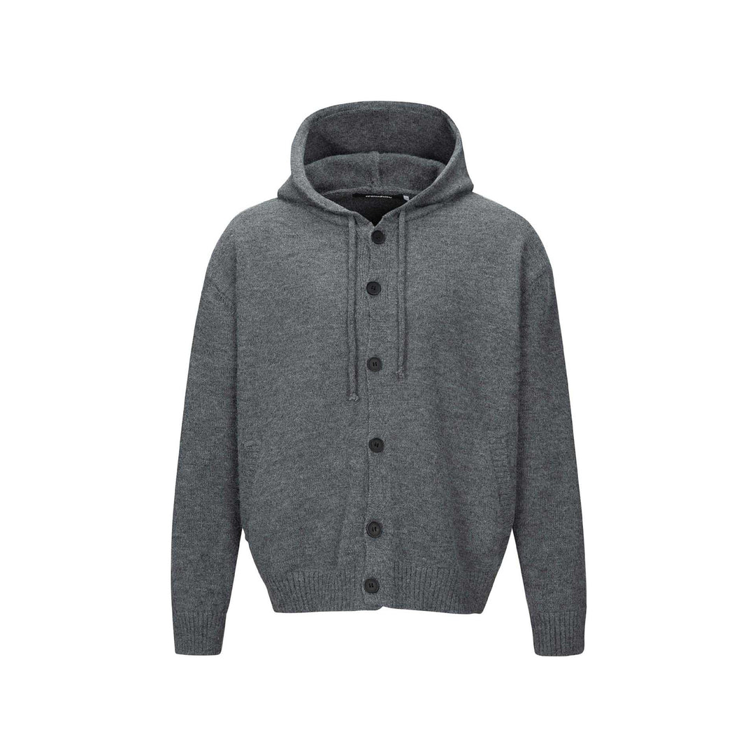 Unisex hooded cardigan with button placket, brushed knit texture and ribbed cuffs Mune Fashion