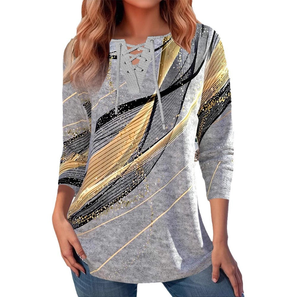 Women's long shirt with lace-up collar, three-quarter sleeves, and graphic metallic print Mune Fashion