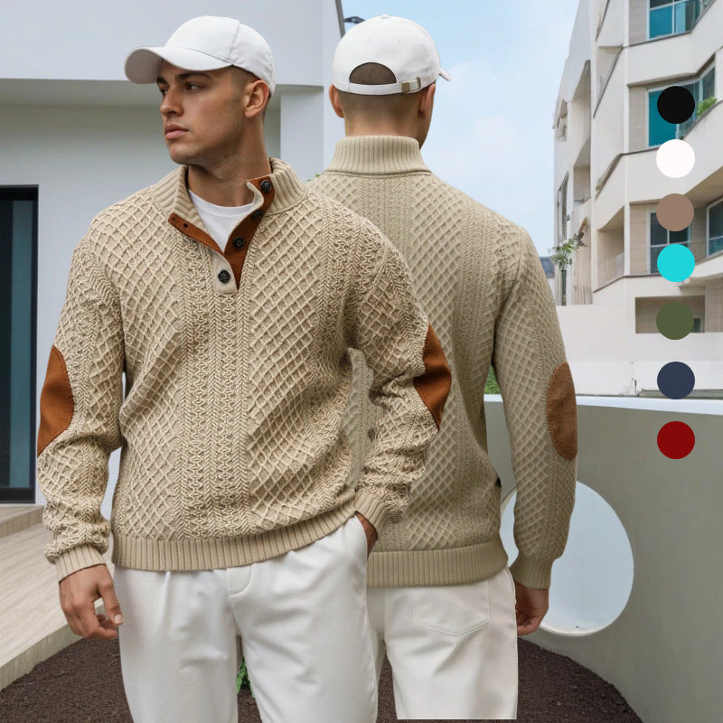 Men's troyer sweater with stand-up collar, structured knit look and contrast elbow patches Mune Fashion