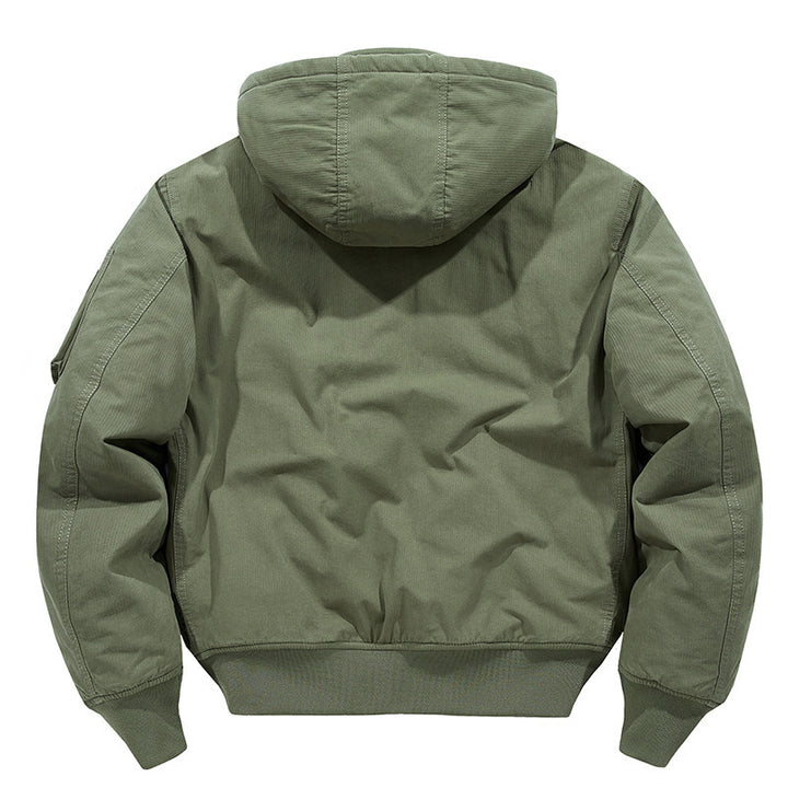 Men's Canvas Field Bomber Jacket with Hood, Utility Arm Pocket and Ribbed Hem Mune Fashion