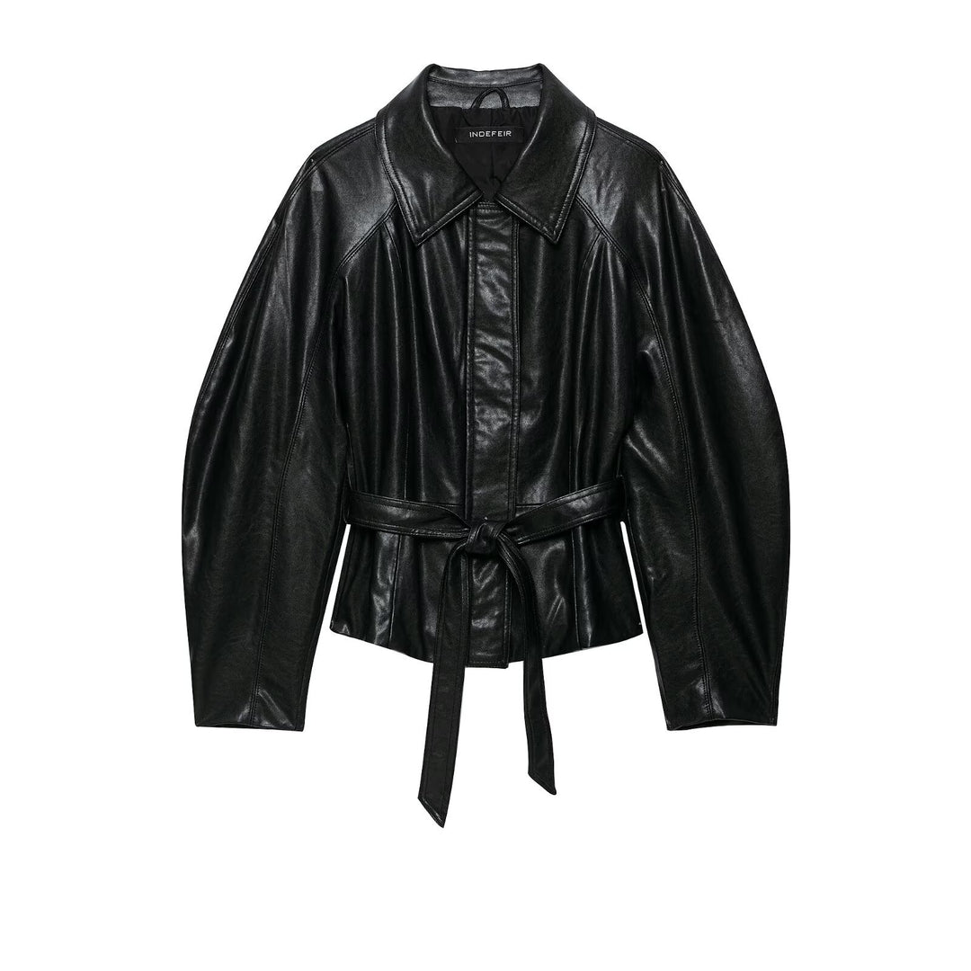 Women's short jacket made of vegan leather with a waist tie belt and dropped raglan sleeve construction Mune Fashion