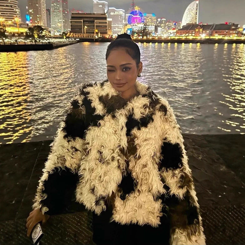 Women's Short Shaggy Faux Fur Bomber Jacket with Textured Patchwork Look Mune Fashion