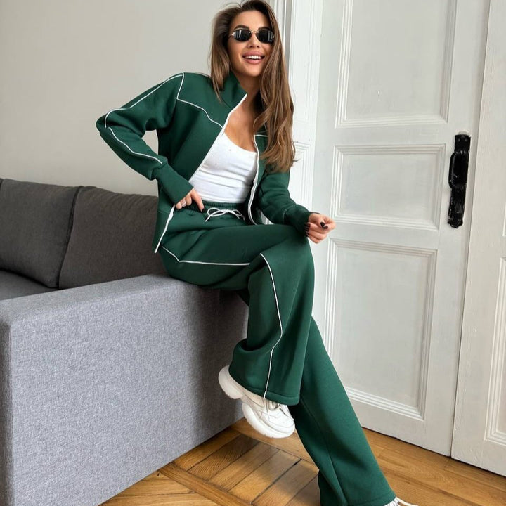 Women's Two-Piece Tracksuit Set with Stand-Up Collar, Contrast Piping and Wide Leg Mune Fashion