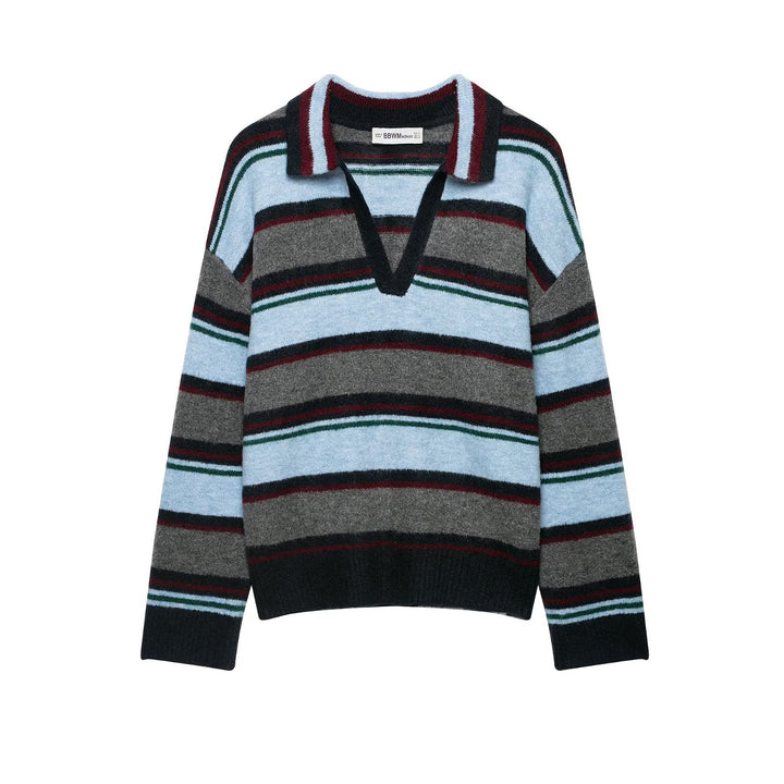Women's Oversize Striped Sweater with Polo Collar and Deep V-Neck Mune Fashion
