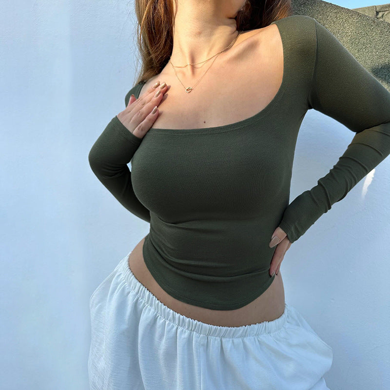Damen Enganliegendes Langarm-Croppedshirt mit quadratischem Ausschnitt Mune Fashion