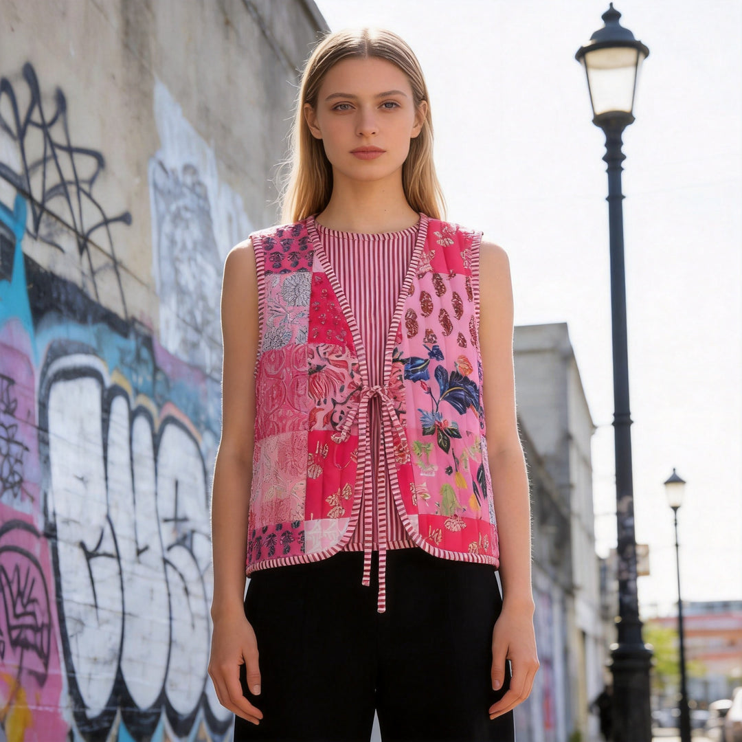 Women Patchwork Vest with V-Neck, Tie Band and Striped Lining Mune Fashion